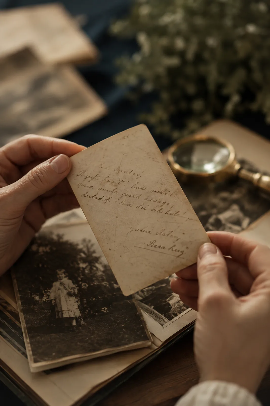 A study desk with old sepia photographs, a brass magnifier and a laptop