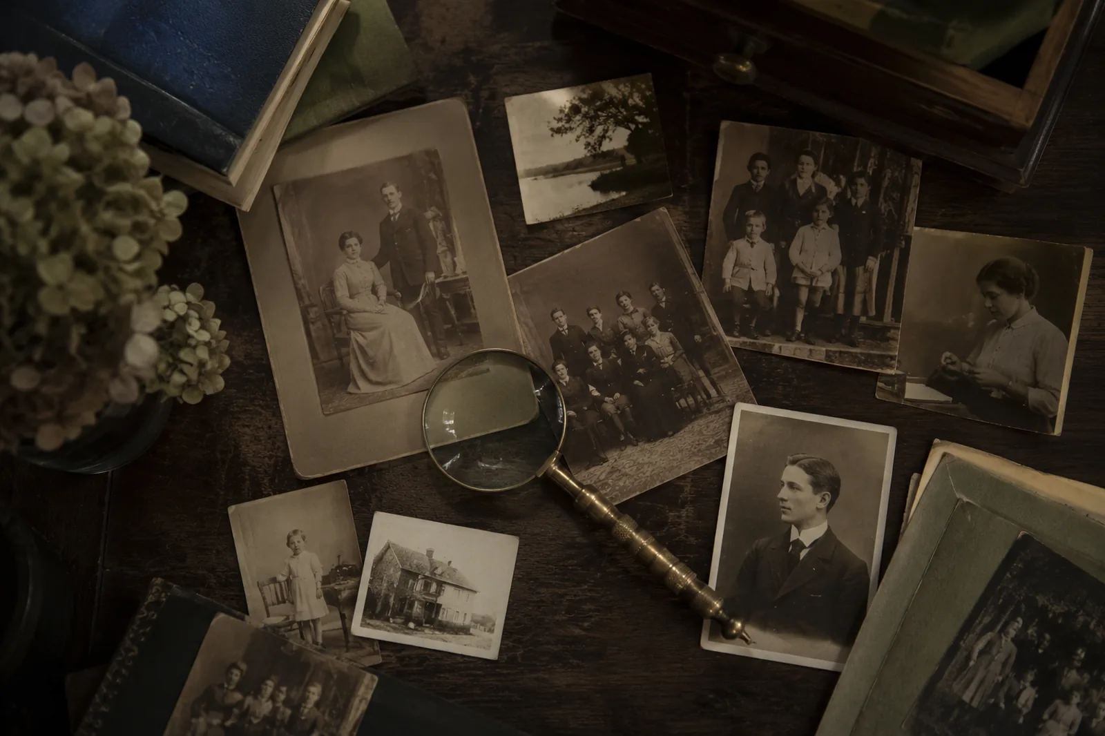 A study desk with old sepia photographs, a brass magnifier and a laptop