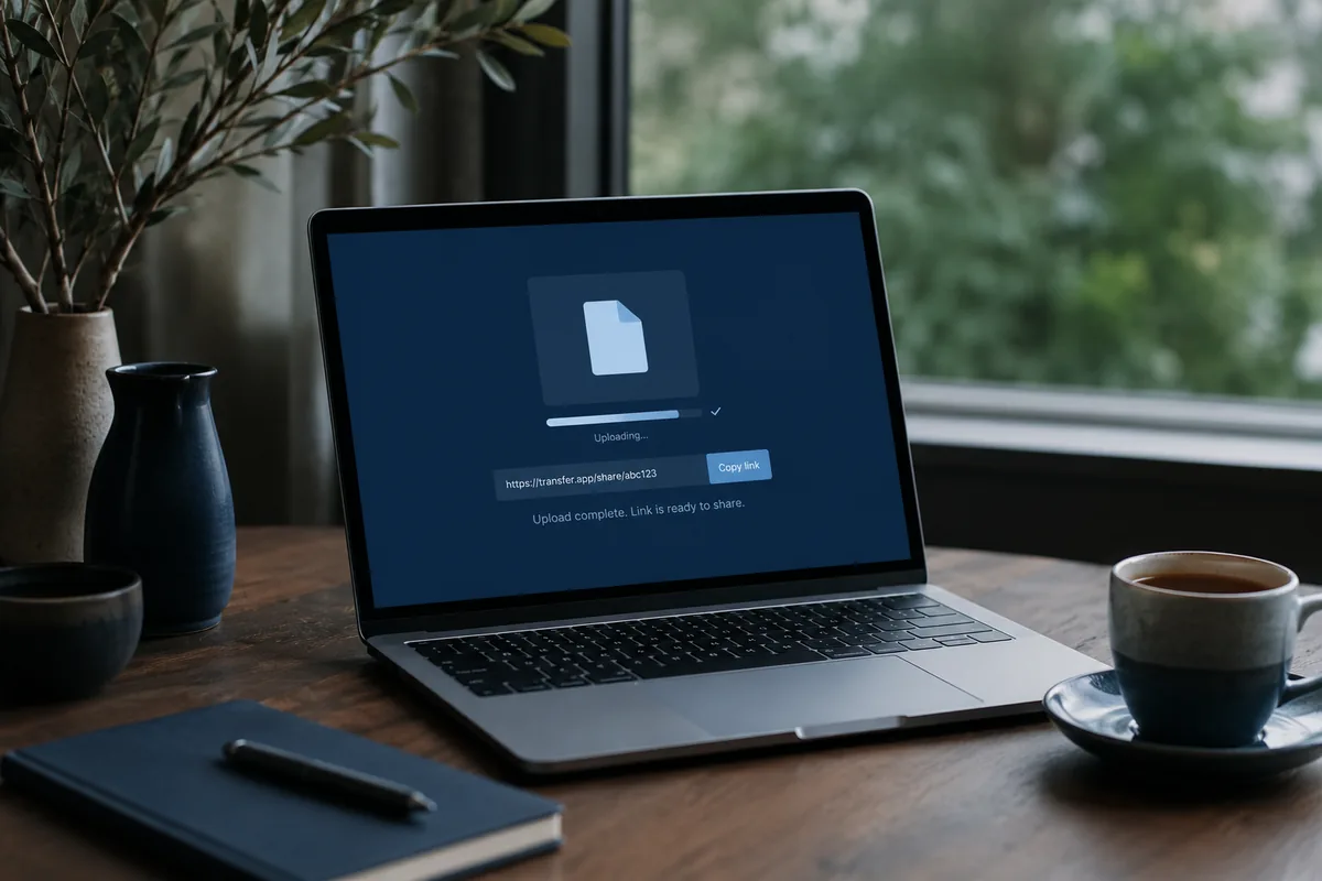 A calm desk with a laptop showing an upload sealing into a single shareable link