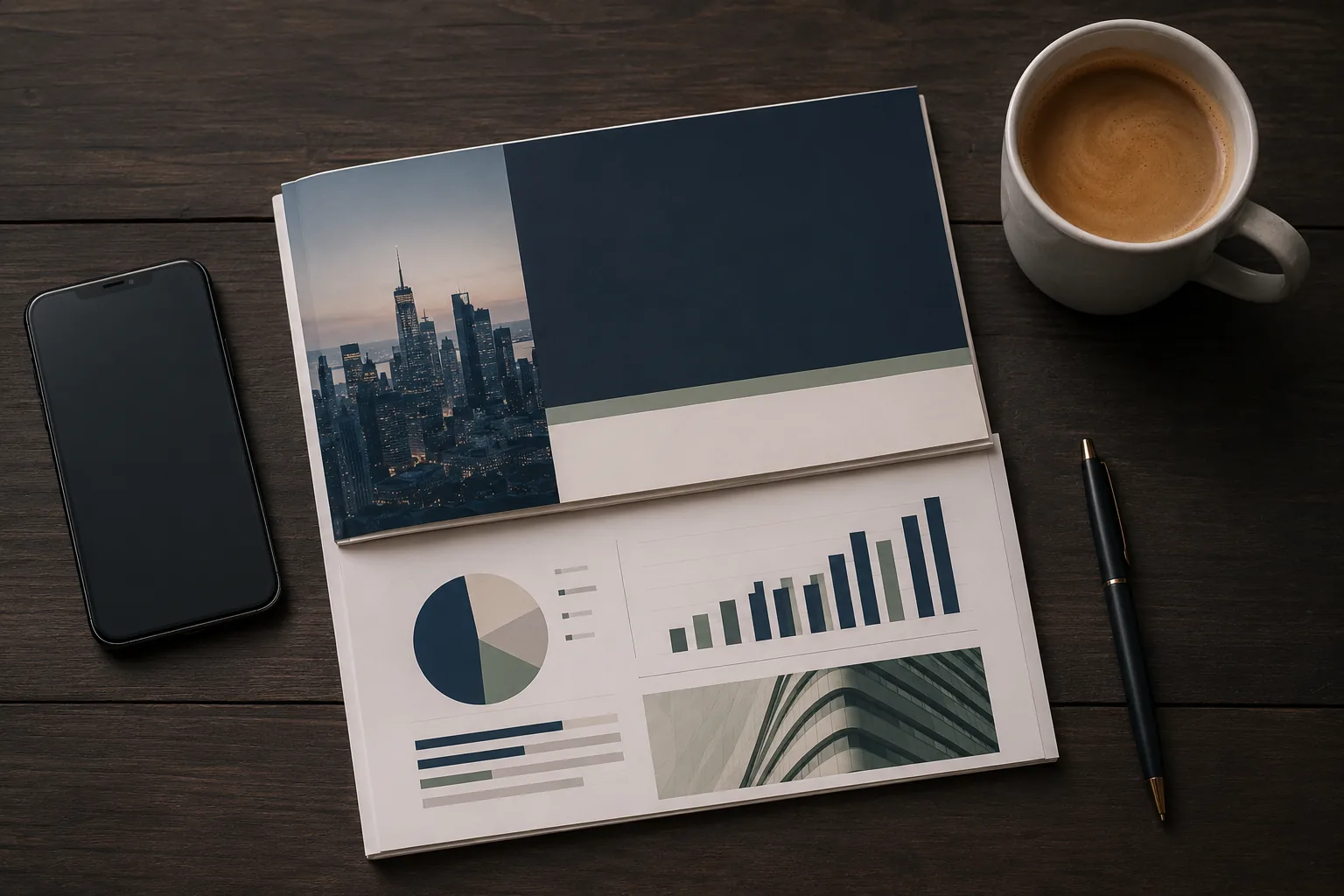 An immaculate high-rise desk with a financial-district skyline at blue hour