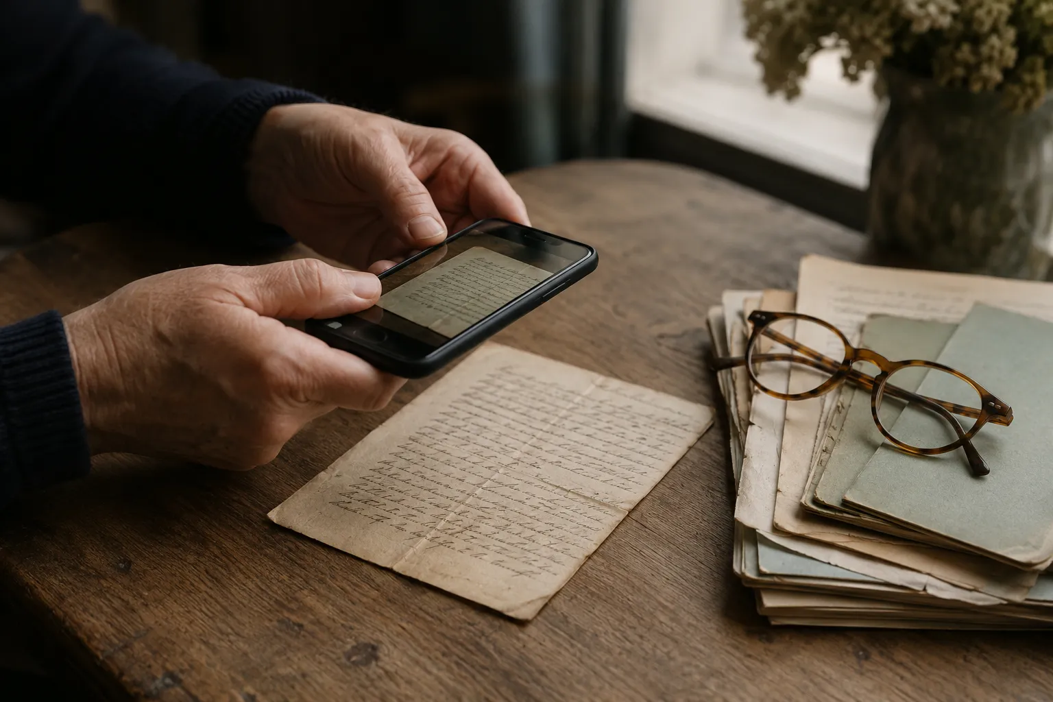 An old handwritten letter in faded ink on a wooden table, a phone held above it