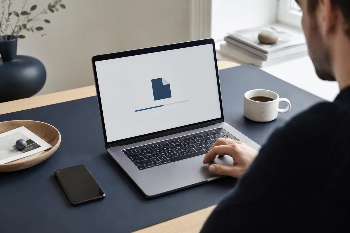 A laptop on a calm desk showing a single file ready to send as a link, a phone resting beside it