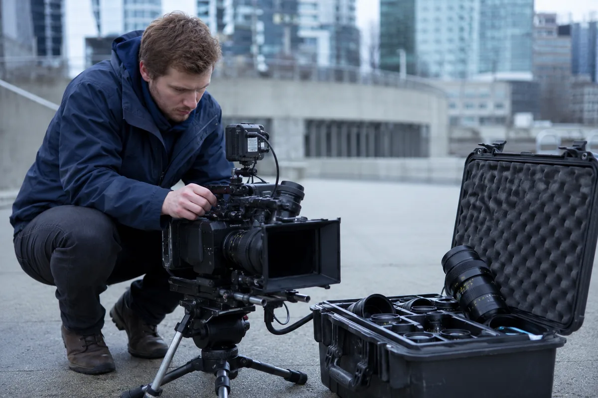 A filmmaker checking a camera rig on location, an open case of lenses beside them