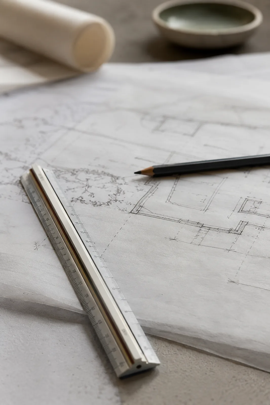 An architect's studio desk with hand-drawn plans on trace paper and a tablet